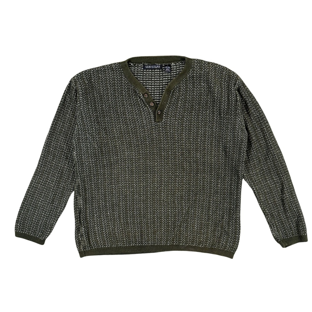 Structure Mens Large Henley Sweater Olive Green Ramie Cotton Knit Long Sleeve
